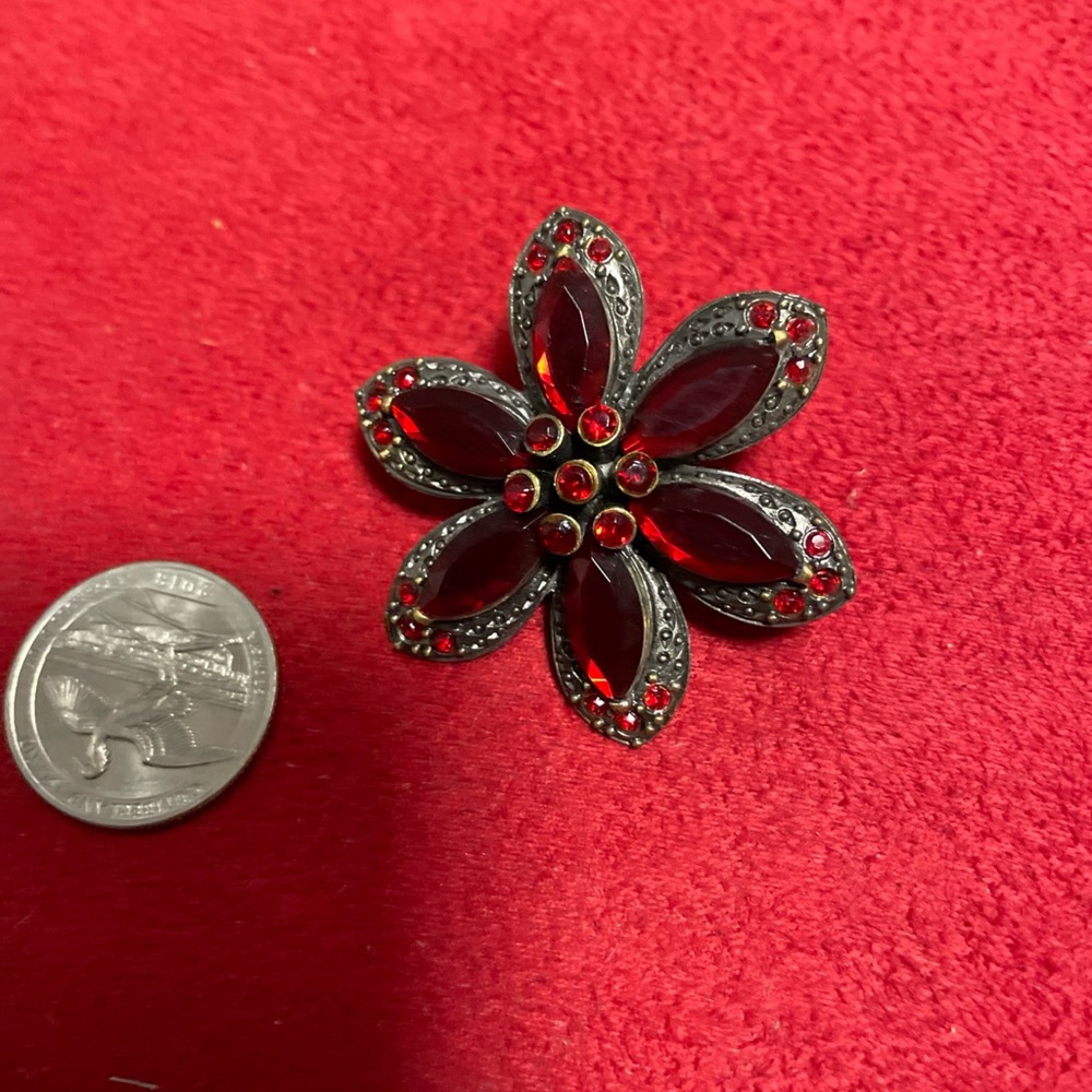 Crimson and Silver Floral Brooch